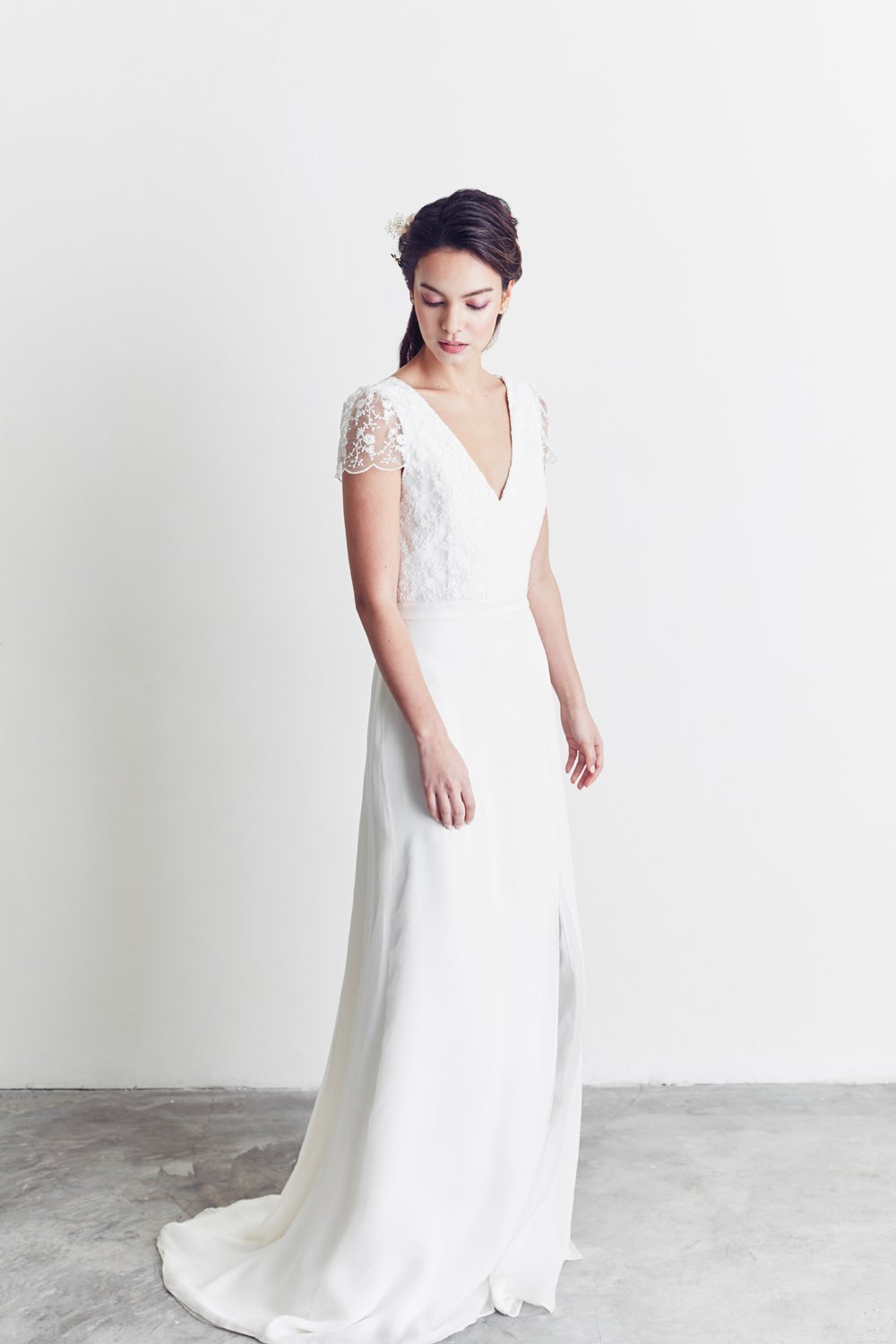 Style: SOLEIL Ditsy Floral Embroidered Tulle & Chiffon A -Line Gown Peony Rice Style: SOLEIL Ditsy Floral Embroidered Tulle & Chiffon A -Line Gown Peony Rice