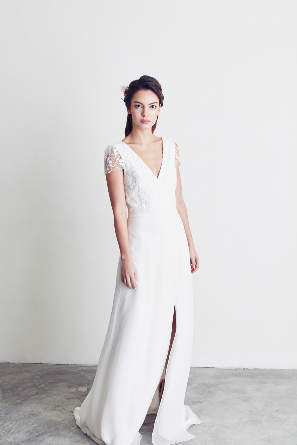 Style: SOLEIL Ditsy Floral Embroidered Tulle & Chiffon A -Line Gown Peony Rice Style: SOLEIL Ditsy Floral Embroidered Tulle & Chiffon A -Line Gown Peony Rice