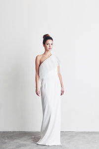 Style: DIANE One Shoulder Column Gown with Pleated Tulle Trim Peony Rice