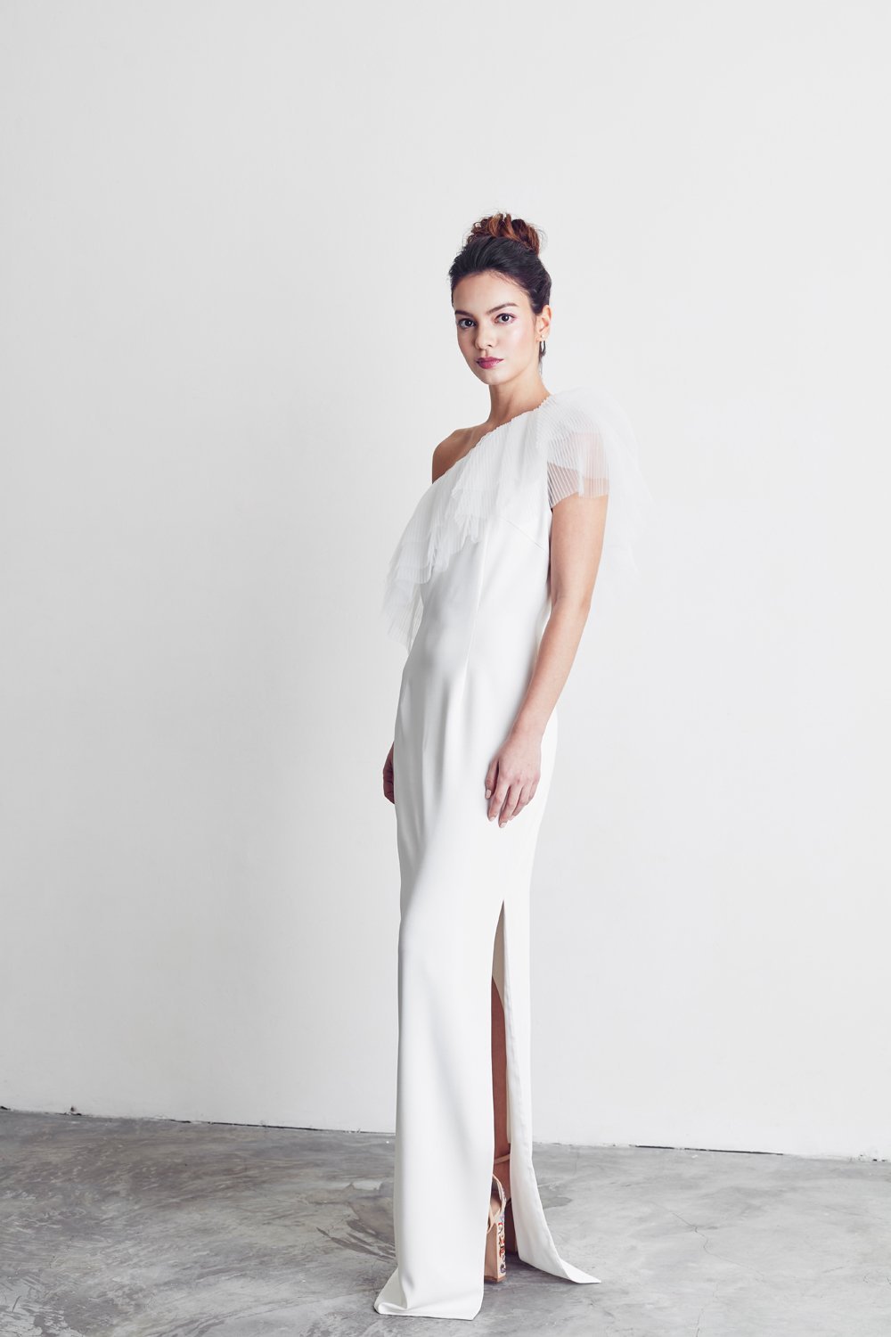 Style: DIANE One Shoulder Column Gown with Pleated Tulle Trim Peony Rice