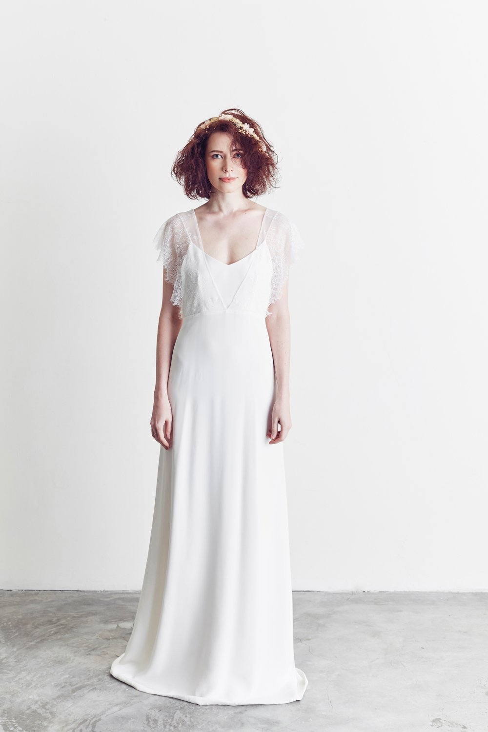 Peony Rice Style: KIERA A-line Silk Slip Gown with Lace Cape Sleeves Peony Rice Style: KIERA A-line Silk Slip Gown with Lace Cape Sleeves