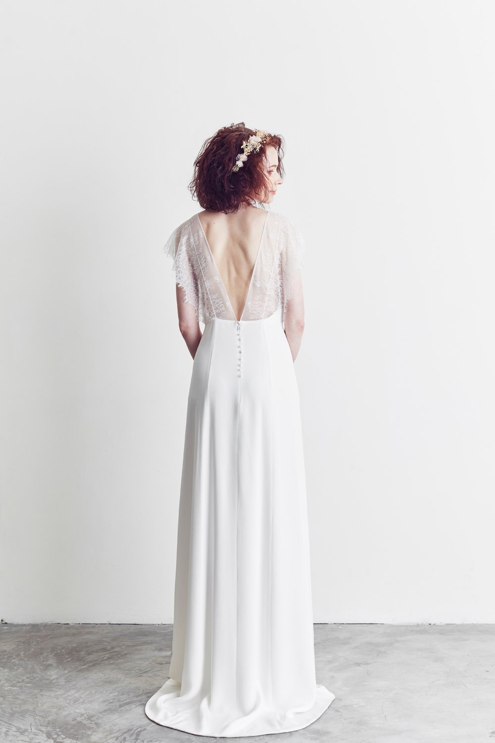 Peony Rice Style: KIERA A-line Silk Slip Gown with Lace Cape Sleeves Natural White / US 14 Peony Rice Style: KIERA A-line Silk Slip Gown with Lace Cape Sleeves Natural White / US 14