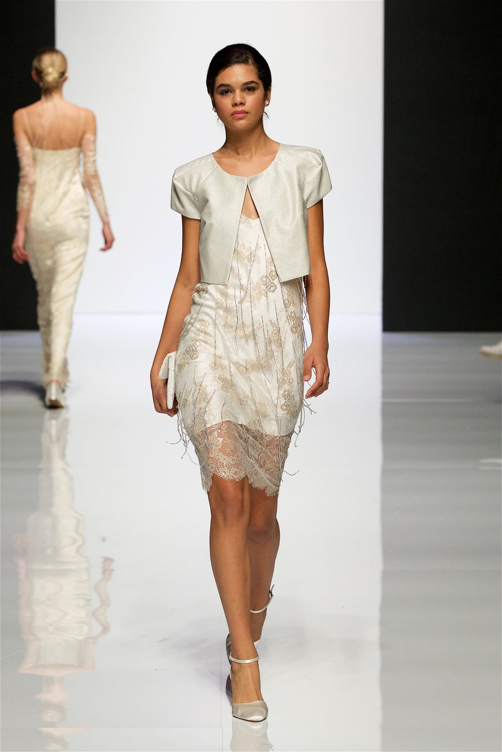 Style: VANESSA Embellished Metallic Lace Slip Dress - Peony Rice