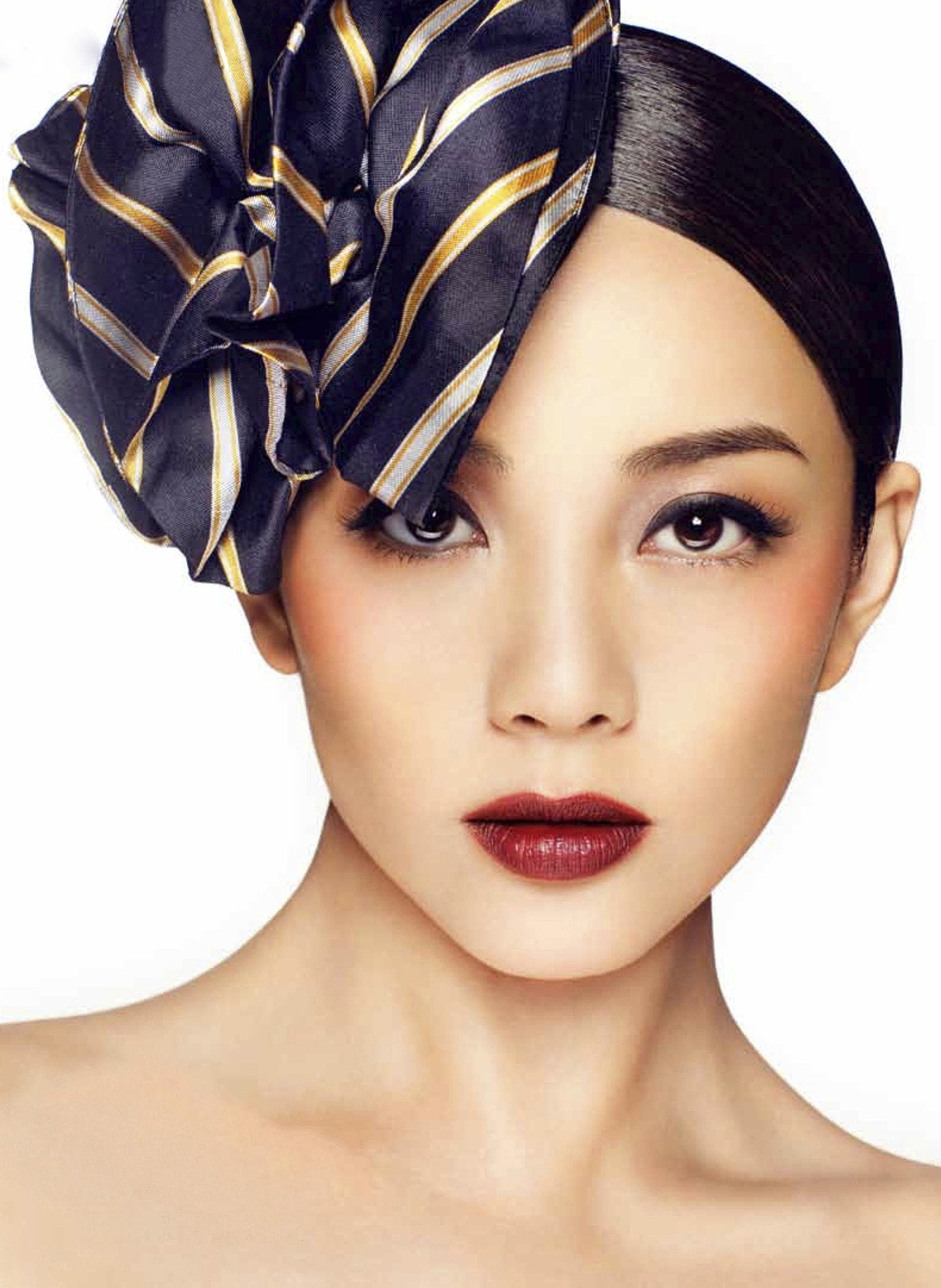 Style: ESTELLE Silk Twill Ruffle Layer Stripe Head Topping - Peony Rice