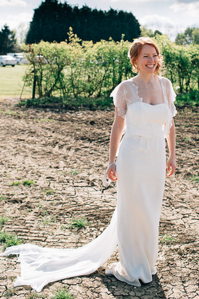 Style SARAH Silk Chantilly Lace Shoulder Peplum Gown Peony Rice