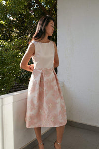 Style: AMELIE Metallic Floral Jacquard Pleated Dress with Boat Neckline Peony Rice