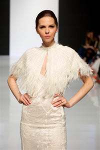 Style: CARA FEATHER Ostrich trimmed Beaded Silk Capelet Peony Rice
