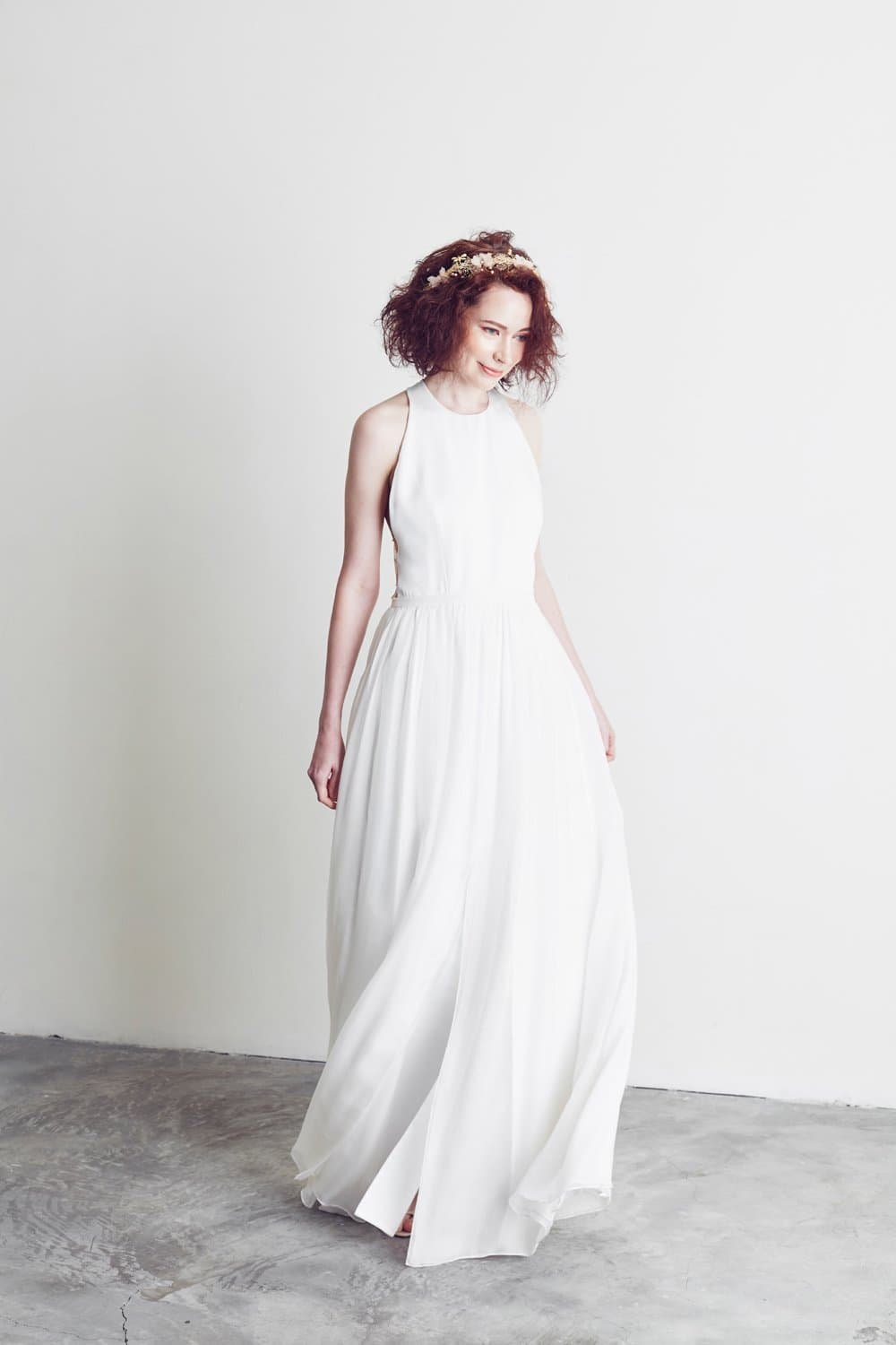 Style: DEETA Jewel Neck Illusion Back A- Line Silk Gown - Peony Rice