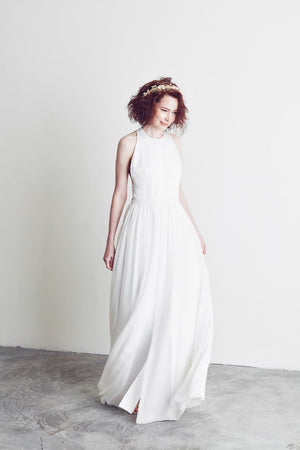 Style: DEETA Jewel Neck Illusion Back A- Line Silk Gown - Peony Rice