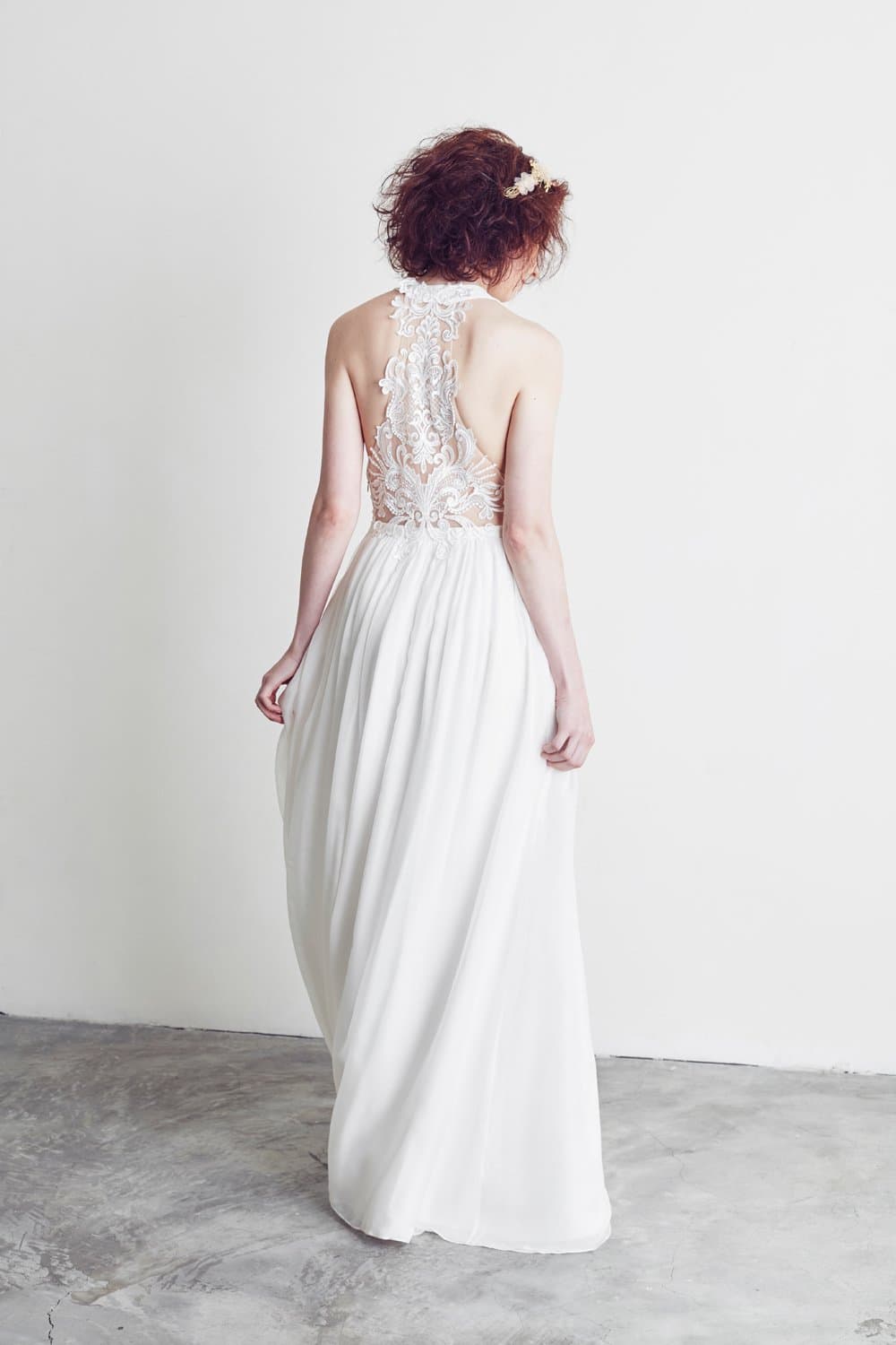 Style: DEETA Jewel Neck Illusion Back A- Line Silk Gown - Peony Rice