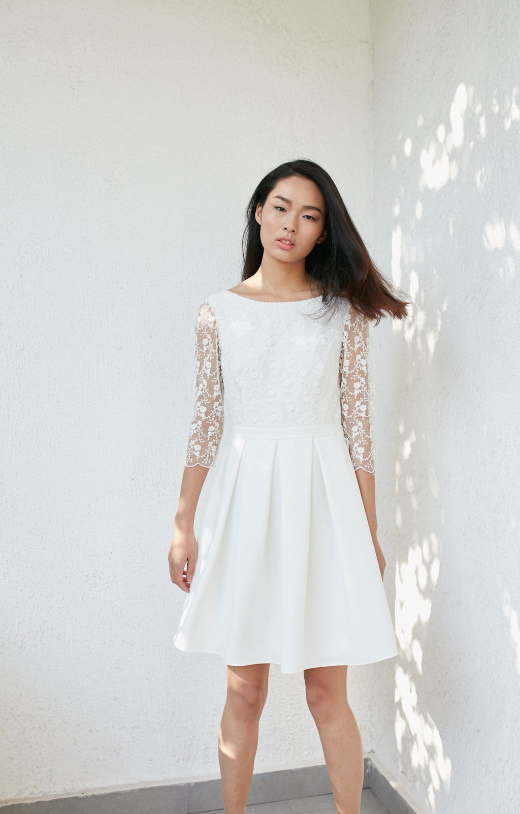 Style: ELLIE Ditsy Floral Embroidered Tulle Pleated Dress Peony Rice