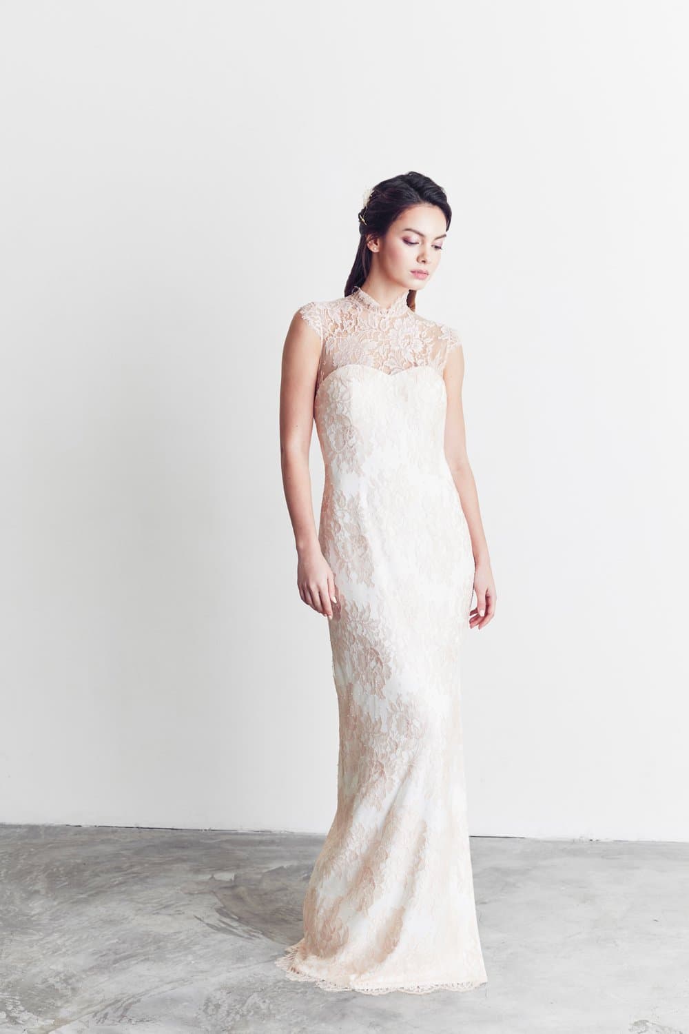 Style: FARRAH French Lace Qi Pao Illusion Gown - Peony Rice