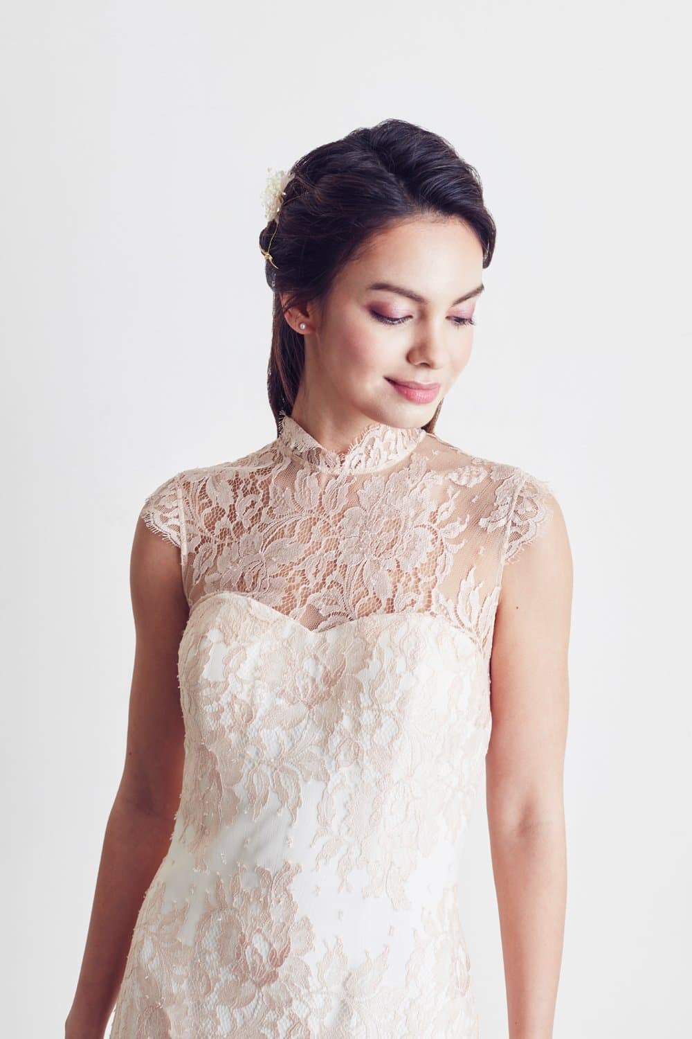 Style: FARRAH French Lace Qi Pao Illusion Gown - Peony Rice