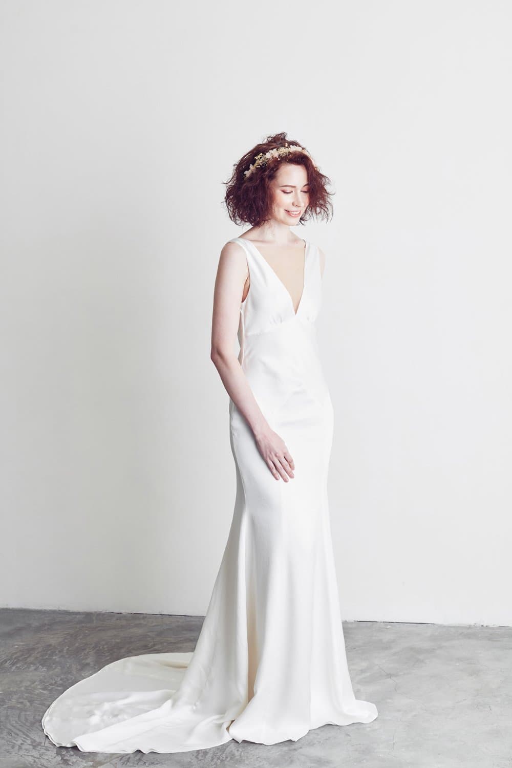 Peony Rice Style: GRETA Bias Cut Hammered Silk Satin Deep V Panelled Gown Natural White / US 10 Peony Rice Style: GRETA Bias Cut Hammered Silk Satin Deep V Panelled Gown Natural White / US 10