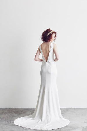 Style: GRETA Bias Cut Hammered Silk Satin Deep V Panelled Gown - Peony Rice