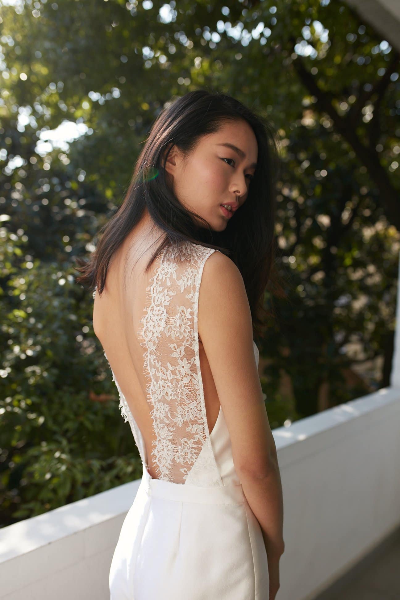 Style: GEMMA Silk Bandeau Bridal Jumpsuit with Stephanotis lace straps - Peony Rice