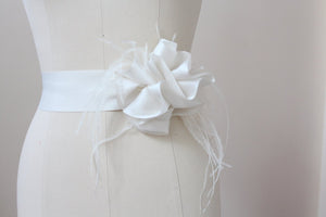 Style: MARILYN Feather Trimmed Silk Satin Organza Swirl Sash Belt - Peony Rice