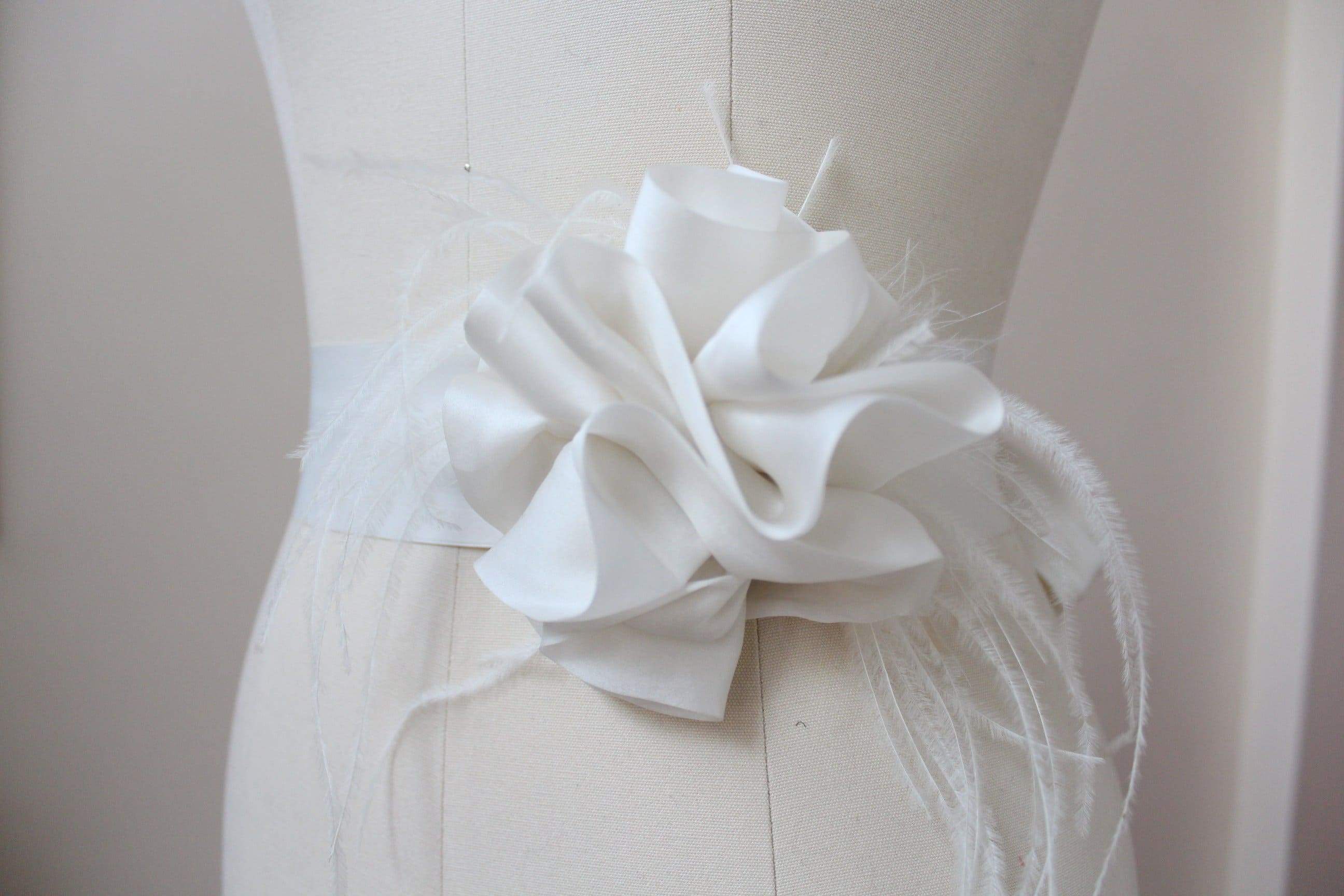 Style: MARILYN Feather Trimmed Silk Satin Organza Swirl Sash Belt - Peony Rice