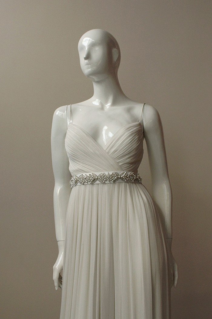 Style: MARIA Art Deco Crystal and Pearl Cross Satin Tie Belt - Peony Rice