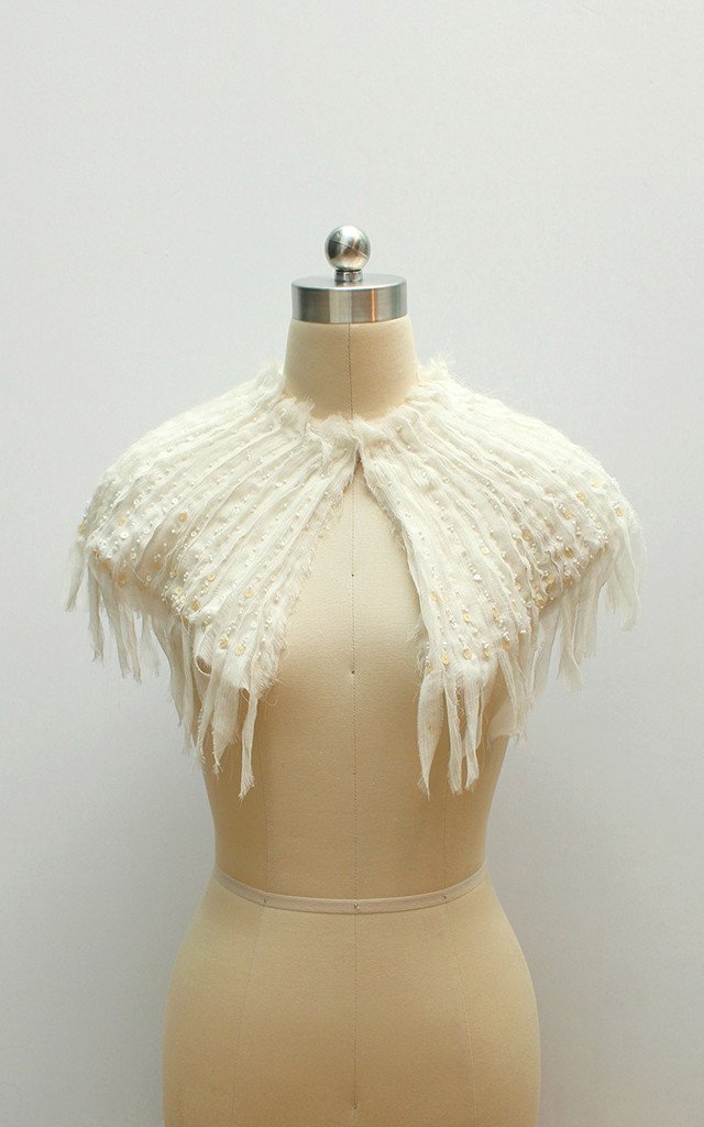 Style: CARA Beaded Raw Edge Silk Chiffon Mini Capelet - Peony Rice