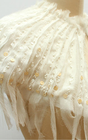 Style: CARA Beaded Raw Edge Silk Chiffon Mini Capelet - Peony Rice