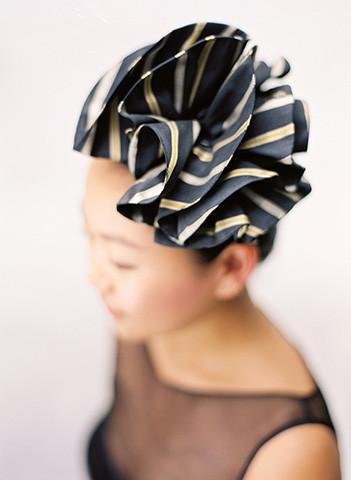 Style: ESTELLE Silk Twill Ruffle Layer Stripe Head Topping - Peony Rice