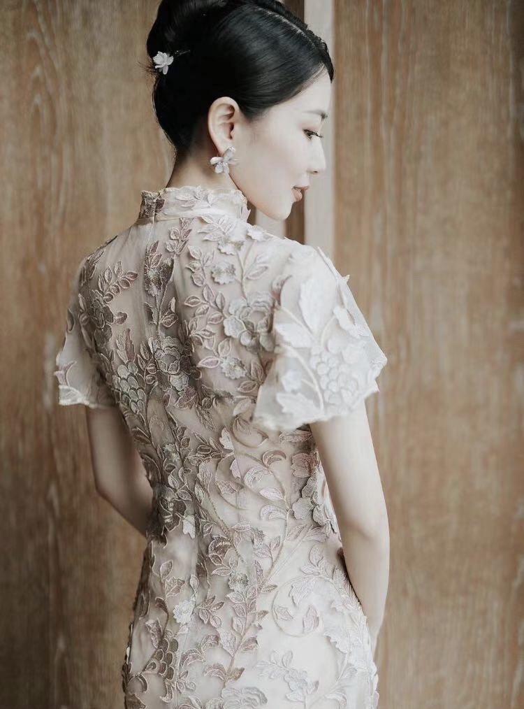 Style: JING Qi Pao Floral Embroidery Cape Sleeve Gown - Peony Rice