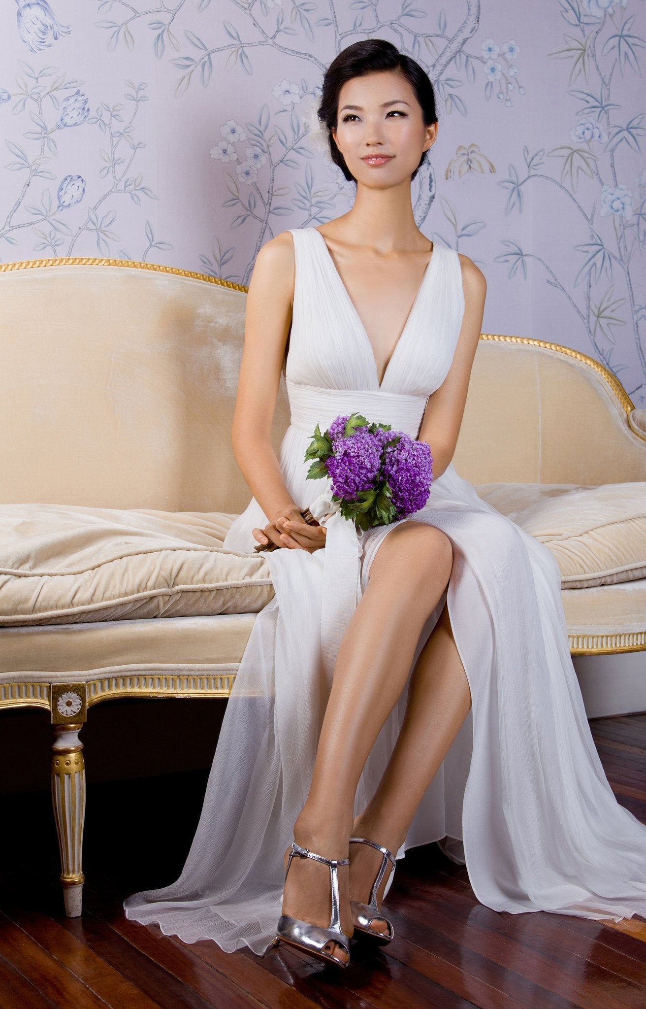 Style: PRISCILLA V- Neck Crinkle Silk Goddess Gown - Peony Rice