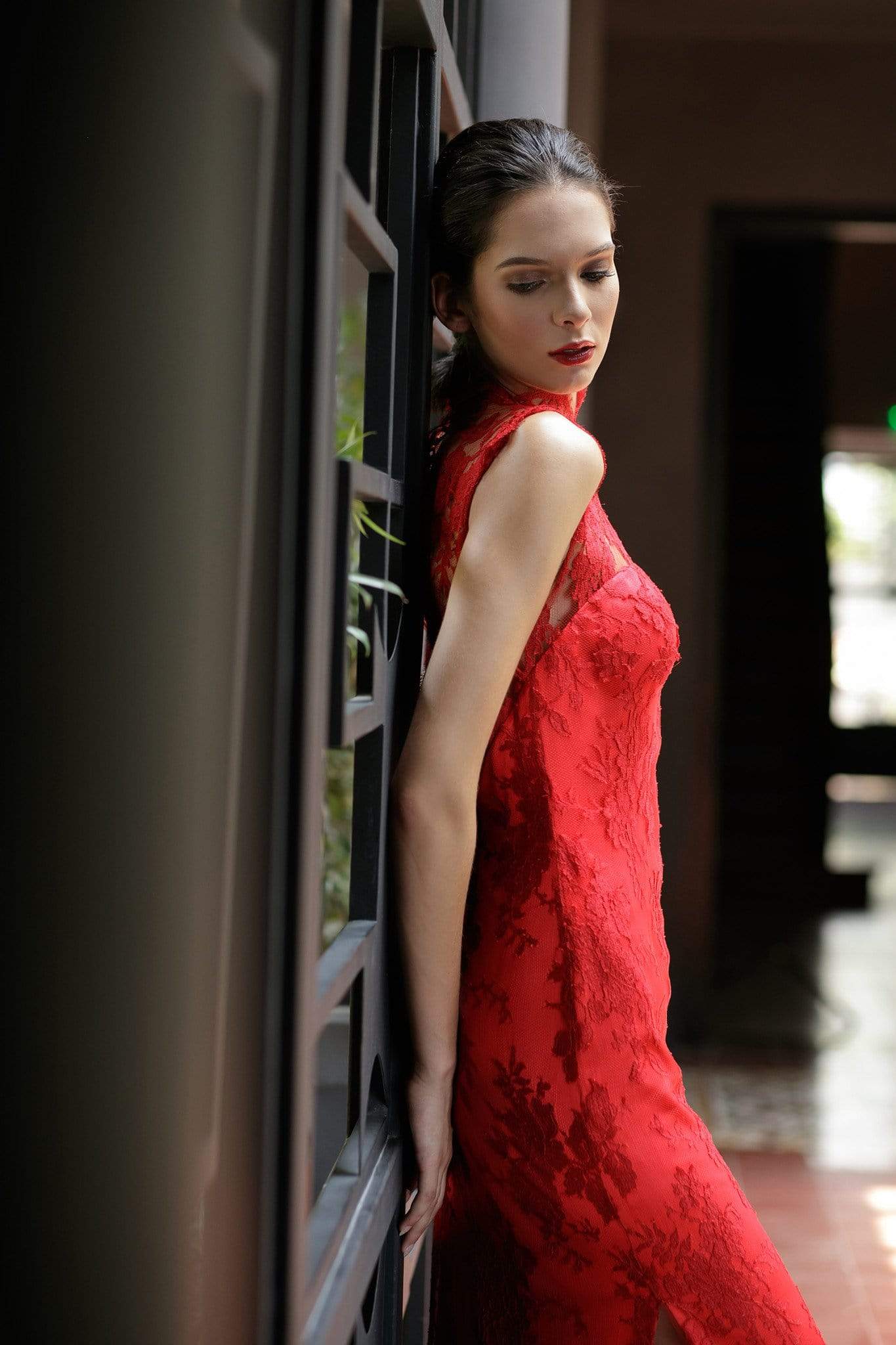 Style: MAE Qi Pao Lace Open Back Gown - Peony Rice