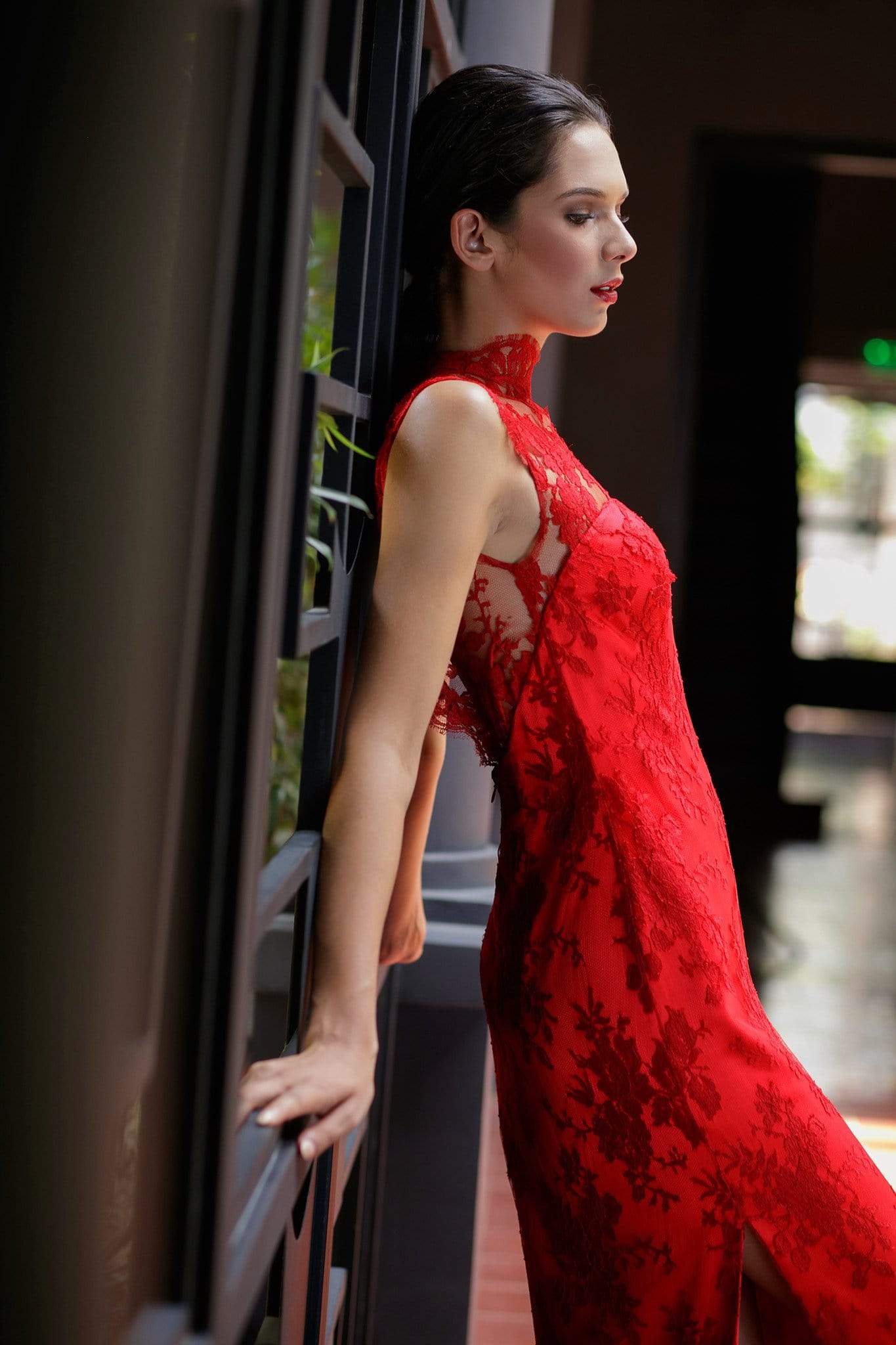 fitted lace wedding dress Red Lace Short Dress with Open Back fitted lace wedding dress Red Lace Short Dress with Open Back