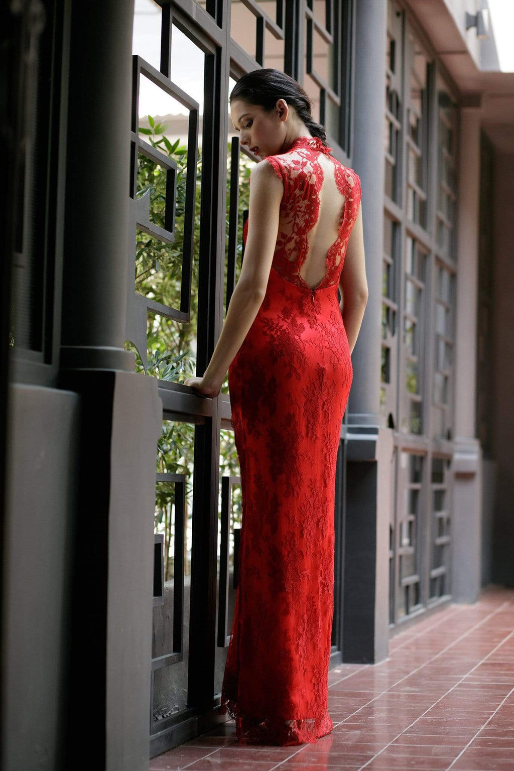 Style: MAE Qi Pao Lace Open Back Gown - Peony Rice